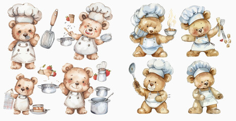 Illustration set of cute chef teddy bears drawn in watercolor