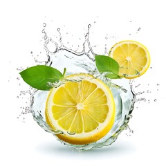 Lemon fruit with leaf isolate. Lemon whole, half, slice, leaves on white. Lemon slices with zest isolated for lemonade. With clipping path. Full depth of field