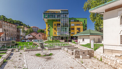 Stari Grad ruins and Bakr-babina mosque in Sarajevo timelapse hyperlapse. Bosnia and Herzegovina