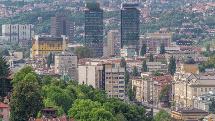 Aerial view of Sarajevo old town roofs and houses on the hills timelapse, Sarajevo, Bosnia and Herzegovina