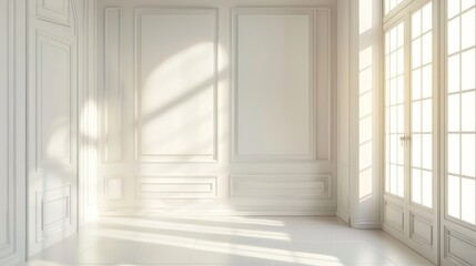 Realistic 3d modern illustration of a room corner with sunlight shadows from the window. An empty...