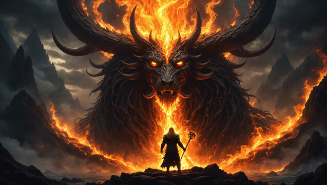 Warlock summons the fire beast deity, horned devil with glowing eyes, ancient valley, dark skies, epic dark fantasy, digital illustration, high detail
