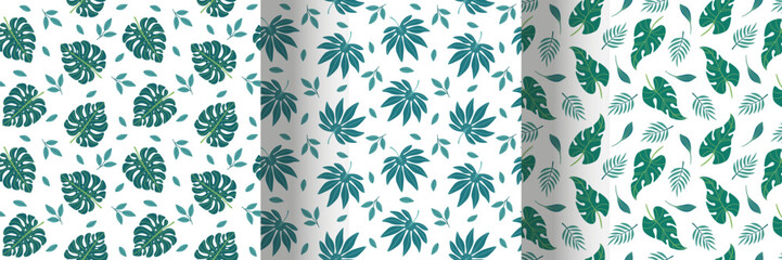 Set of tropical seamless pattern. Flat design.Collection of patterns with tropical leaves. Stock illustration.
