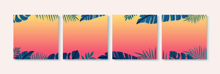 Summer vacation. Social media templates set in flat design. Trendy editable social media posts.  Concept with tropical leaves. Stock illustration.
