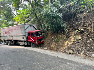wrecking truck crash and collision in country road on roadside
