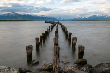 An abandoned pier in the sea near Peurto Natales in Chilean Patagonia - looking north.