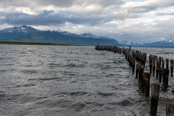 An abandoned pier in the sea near Peurto Natales in Chilean Patagonia - looking north.
