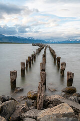 An abandoned pier in the sea near Peurto Natales in Chilean Patagonia - looking north.