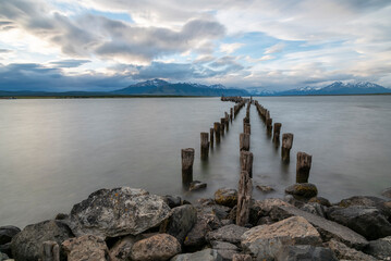 An abandoned pier in the sea near Peurto Natales in Chilean Patagonia - looking north.