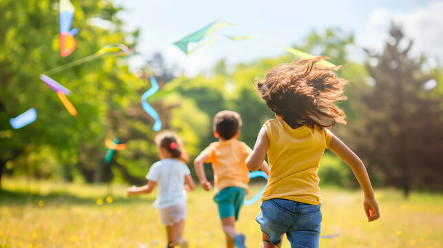 Rearview of happy joyful diverse boys and girls, kids playing outdoors, running and flying kite in the sunny spring or summer grass park. Leisure childhood activity, friends enjoy nature meadow field - Powered by Adobe