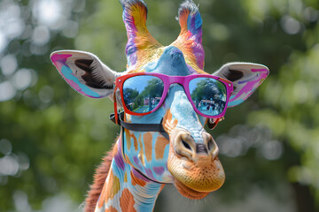 Colorful painted giraffe wearing sunglasses