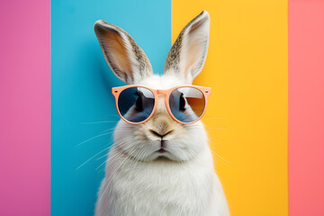 Stylish bunny with sunglasses on colorful background