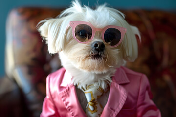 Fashionable dog in pink jacket and sunglasses