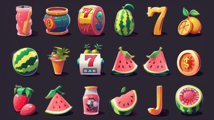 Cartoon slot machine icon set. 777, dollar, watermelon and bar in modern format. Glossy lottery modern illustration set.