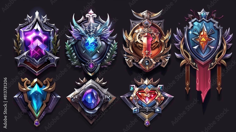 Poster for rpg game user avatar border set. silver medieval ui frame for winner icon design. ancient orname