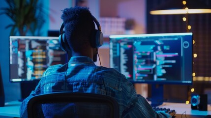 An IT professional wearing headphones works at his desk while listening to podcasts and music on his desktop computer.