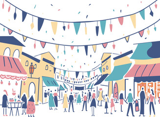 Festive Street Market, Vibrant Illustration of a Bustling Outdoor Marketplace with Colorful Banners