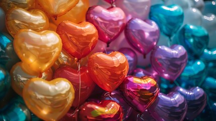 A bunch of colorful balloons in the shape of hearts
