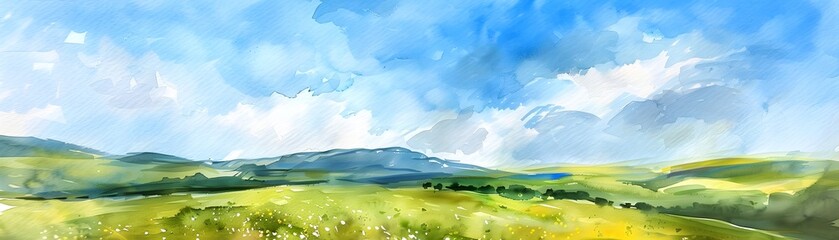 Soft Pastel Blooming Tuscany Countryside Landscape with Rolling Hills and Blue Sky