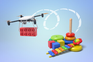 Drone delivering blocks to a colorful xylophone