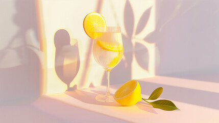 Transparent glass of lemonade, lemon slices on a light background, side view