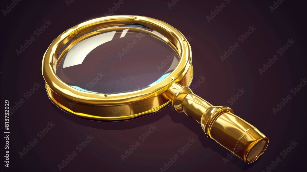 Poster an isolated gold magnifying lens tool with different angles for analyzing information or spying. a m