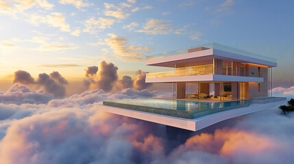 Fototapeta premium Luxury dream house or hotel building with swimming pool in the clouds on the sky. Vacation or holiday paradise resort to relax and enjoy