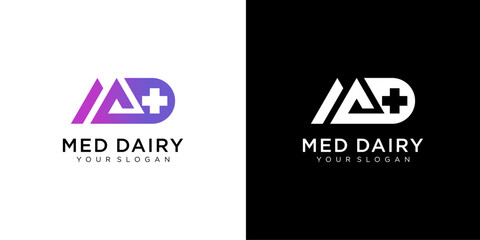 MD letter medicine Logo Design Vector Template. Abstract Alphabet MD with cross logo Illustration