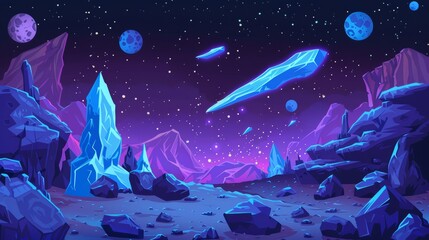 Fototapeta premium A cartoon alien planet landscape with neon blue crystals. Modern illustration of a space adventure game background with fractured surfaces, rocky stones, meteorites and asteroids.