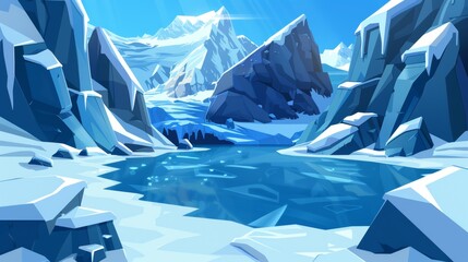 Winter mountain landscape with lake ice crack modern. Cartoon illustration on snow background with frozen peak range. Snowy mountain panorama with river. Dangerous hole in river water near rock