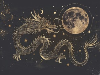 Elegant golden dragon with moon phases flat design top view celestial theme watercolor Monochromatic Color Scheme