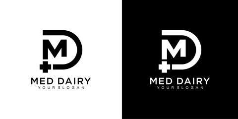 MD letter medicine Logo Design Vector Template. Abstract Alphabet MD with cross logo Illustration
