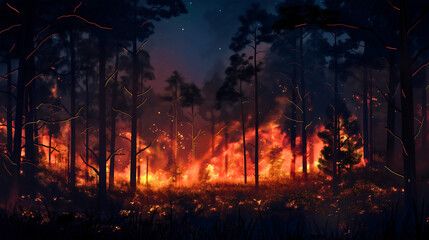 Forest wildfire at dark night. Environment emergency, flame burning trees, hot blaze nature woods disaster