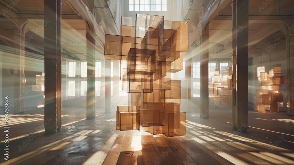 Poster abstract geometric shapes in empty room with sunlight shining through window