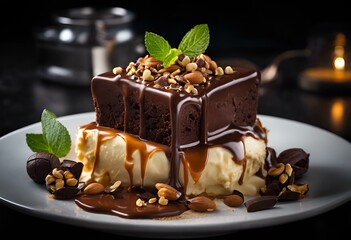 Delicious brownie drizzled with caramel sauce on a white plate, AI-generated.