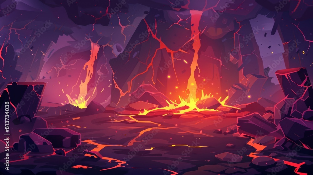 Wall mural In underground rock cave view of volcano lava hell. Mysterious dangerous hot magma level adventure. Ground crack with liquid fire under terrain surface.