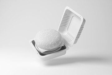 White burger in a square plastic box floating in mid air in monochrome and minimalism. Illustration of the concept of fast food restaurant, unhealthy junk food and disposable containers