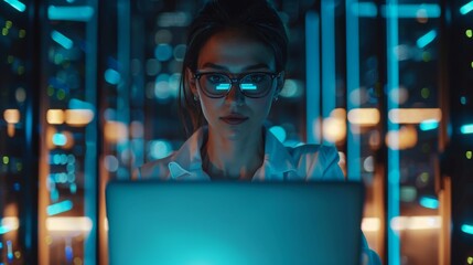 Obraz premium Female CEO using laptop computer to optimize cloud computing facility at evening office. Cyber Security, Network Protection Concept.