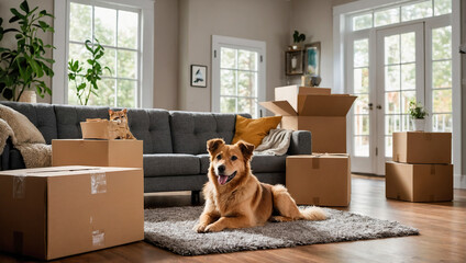 Obraz na płótnie Canvas Pets dog moving to new home. Stack of cardboard boxes and dog sitting near cardboard box. Relocation, renovation, delivery service, donation concept