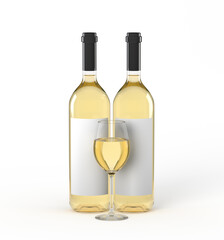 White wine bottles with glass on white