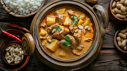 a scene of a bowl of creamy Massaman Curry served in a clay pot on a wooden table, filled with tender chunks of beef or chicken, potatoes, and peanuts, simmered in a rich and aromatic curry sauce.