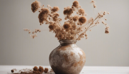 Fototapeta premium Earth-colored handmade vase with dried flowers, isolated white background 