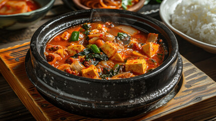 a bowl of spicy soft tofu stew (soondubu jjigae) served in a stone bowl on a wooden surface, bubbling with tofu, seafood, and vegetables, accompanied by a bowl of steamed rice.