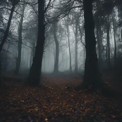 AI generated illustration of a spooky forest with fog, trees, and yellow leaves on the ground