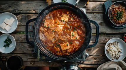 a bubbling hot pot of kimchi jjigae (kimchi stew) simmering on a portable stove atop a wooden table, filled with tender pork, tofu, and spicy fermented kimchi, emitting mouthwatering aromas.