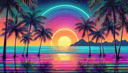 Sunset on the beach with 80s Retro Neon gradient background