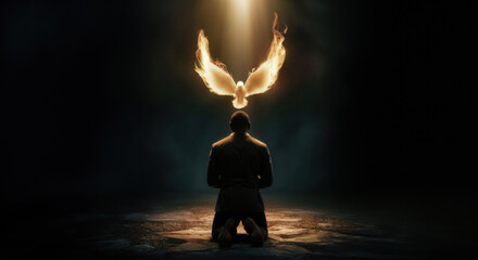 Pentecost concept art. Glowing white dove of the holy spirit descending upon a African American man. Man on his knees receiving the holy ghost symbolized by a white glowing dove of fire.