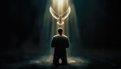 Pentecost concept art. Glowing white dove of the holy spirit descending upon a young christian man. Man on his knees receiving the holy ghost symbolized by a white glowing dove of fire.