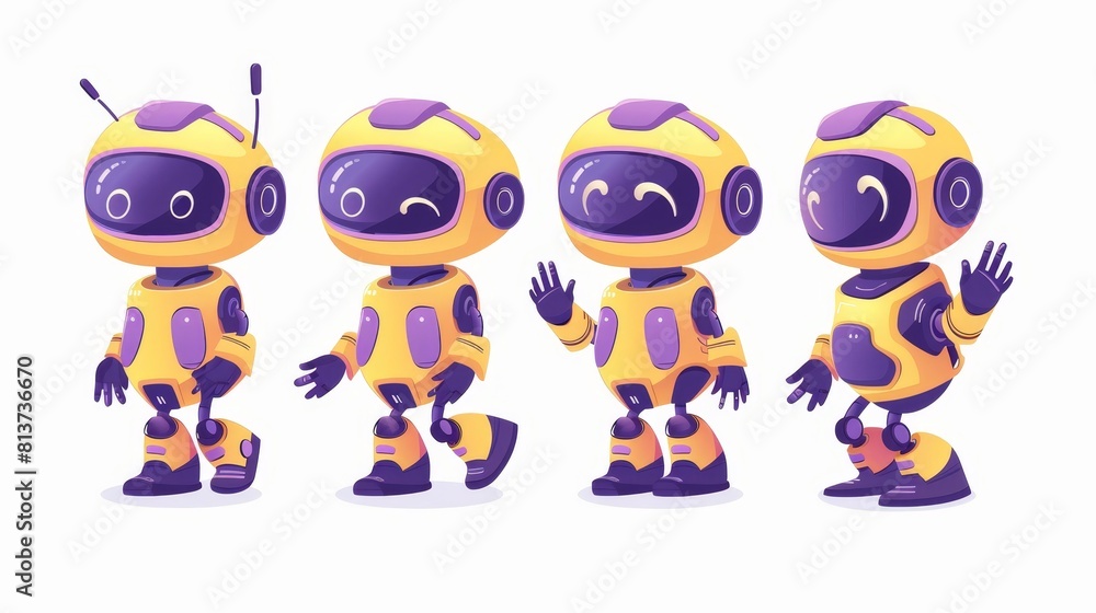 Poster a set of cute futuristic mascots in yellow and purple with animated robots. the robots are waving li