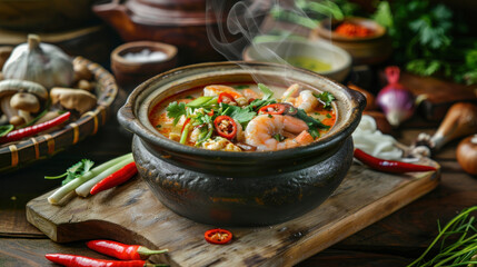 a steaming bowl of Tom Yum soup served in a traditional clay pot on a wooden table, filled with aromatic lemongrass, chili peppers, shrimp, and mushrooms, offering a burst of spicy and sour flavors.